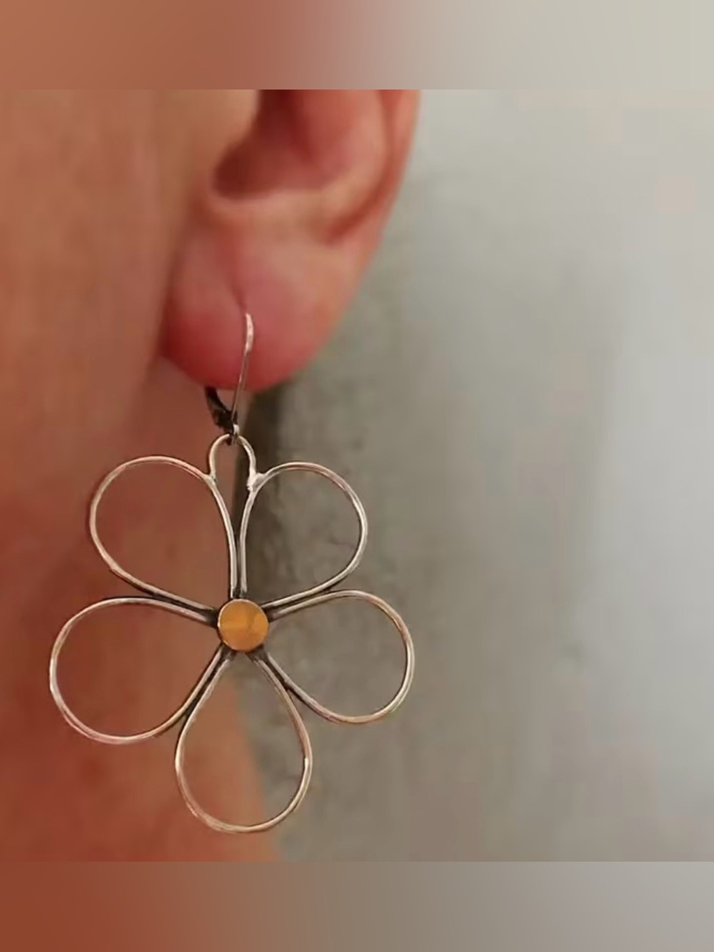 Sterling Silver Flower Drop Earrings with Yellow Center